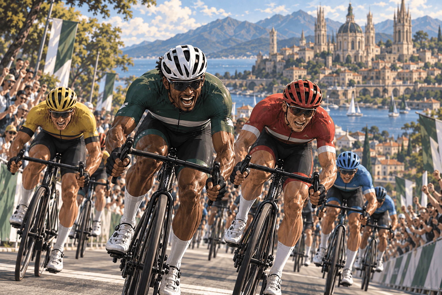 Riders sprint through Pelotonia with a waterfront cathedral and mountains behind them
