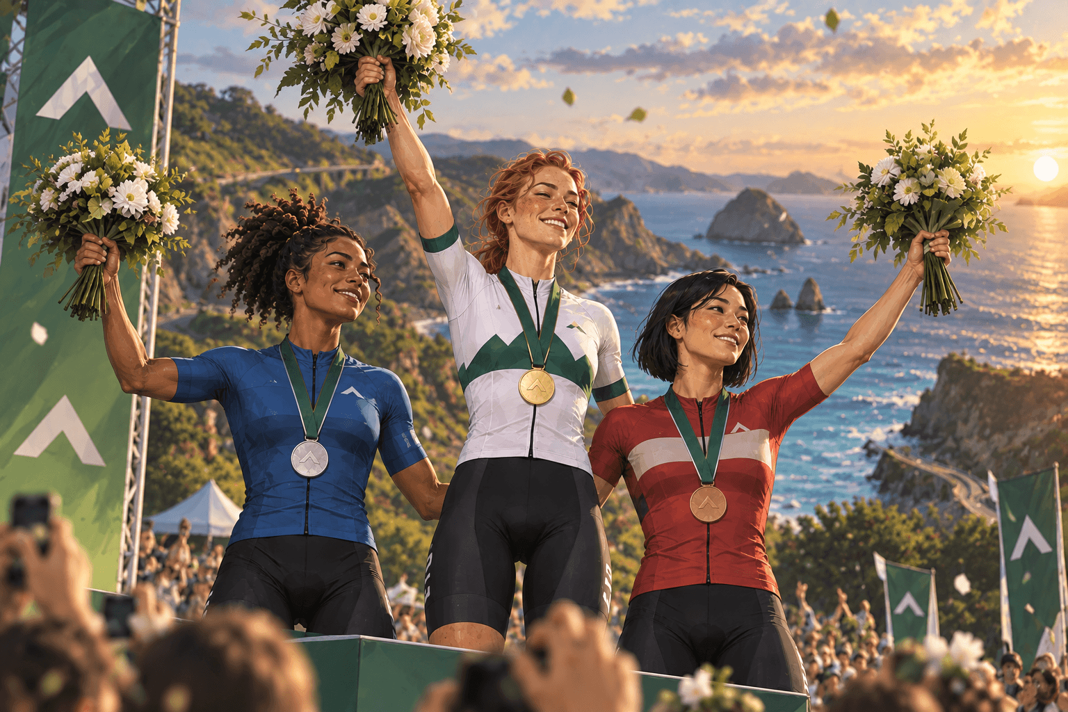 Three women cyclists celebrate on the podium above Pelotonia's sunlit coastline